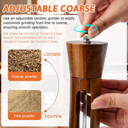 2 Pack Wooden Salt and Pepper Grinder Set with Spoon,Cleaning Brush,8 Inch Refillable Salt and Pepper Shakers,Manual Spice Mills with Clear View Window-Adjustable Coarseness