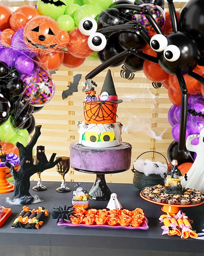 136Pcs Halloween Balloon Garland Arch Kit with Purple Black Orange Green Eyes Balloons, Bats, Spider Web for Halloween Party Decorations