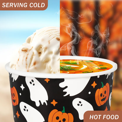 JarThenaAMCS 50Pcs Halloween Treat Snack Cups 8oz Pumpkin Ghost Ice Cream Bowl Spooky Disposable Paper Bowls for Hot Cold Food Halloween Decorations