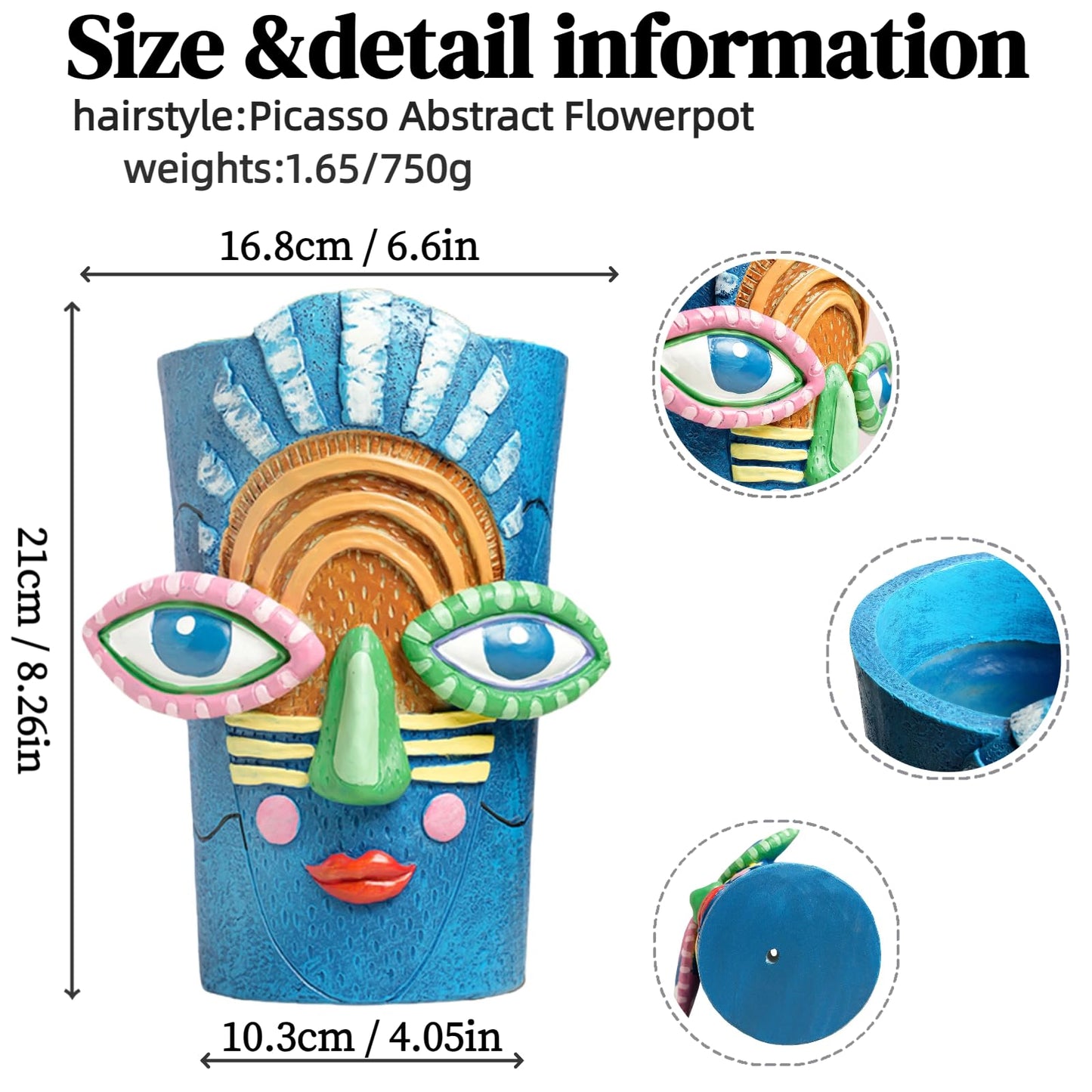 Yhupl Picasso Abstract Face Flower Pot,Plant Pot with Facial Expressions,Handmade Resin Plant Pot with Drainage Holes,for Indoor and Outdoor Botanical Home décor (Blue Large)