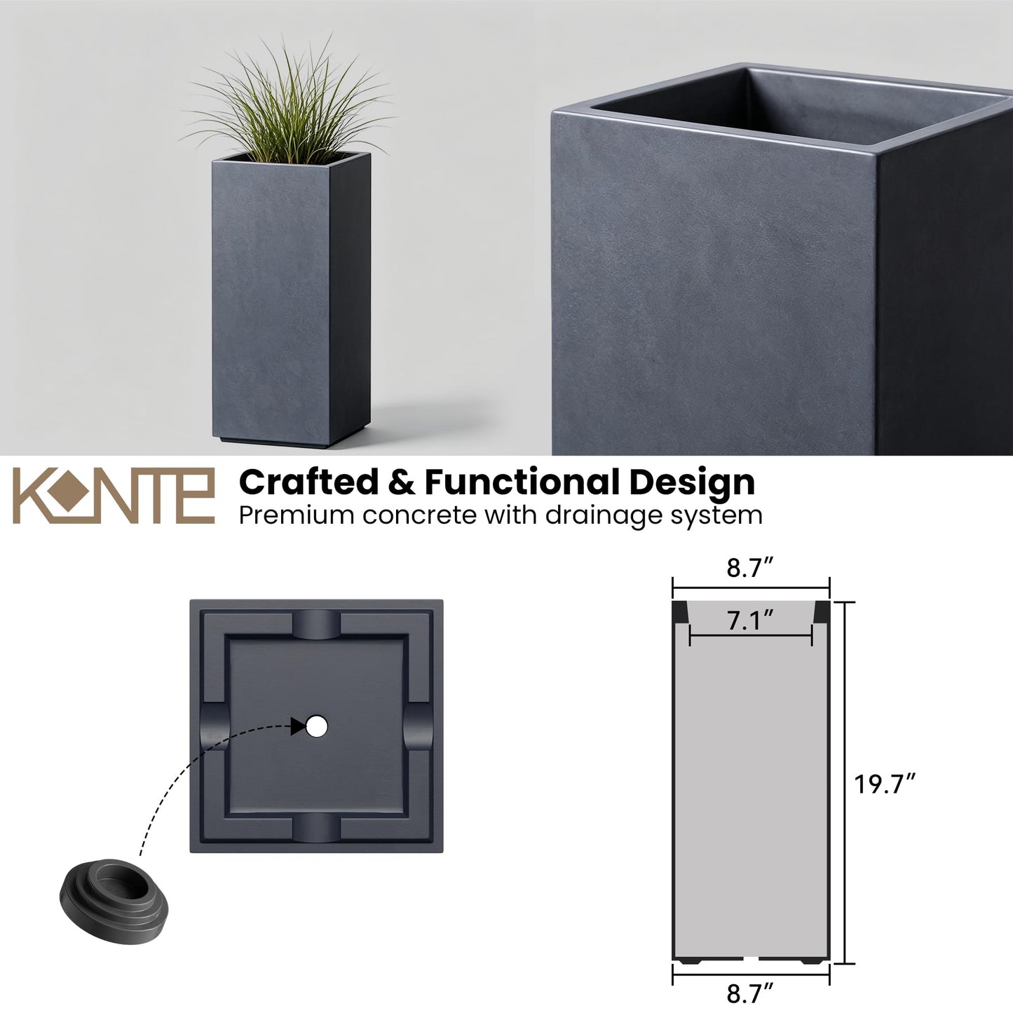 Kante 19.9" H Charcoal Concrete Planter, Tall Modern Rectangular Plant Pot with Drainage Hole & Rubber Plug, Crack-Resistant Lightweight Square Container for Indoor Outdoor Home Garden Patio