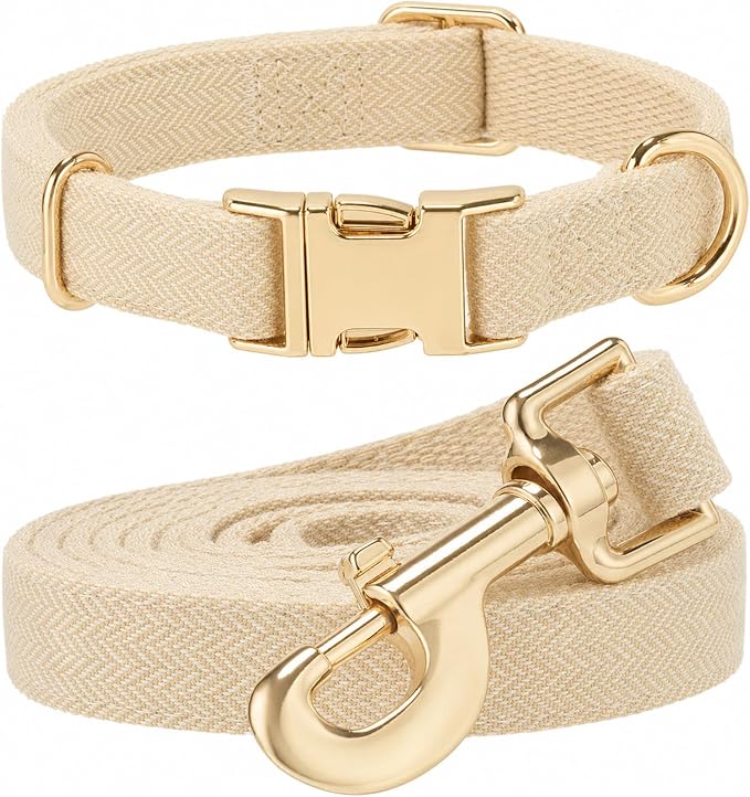 Herringbone Tweed Dog Collar and Leash Set for Small Dogs, Light Beige | Snag-free, no-rub design. Soft breathable cotton, gentle on fur. Adjustable durable matching combo for walks & outdoors.