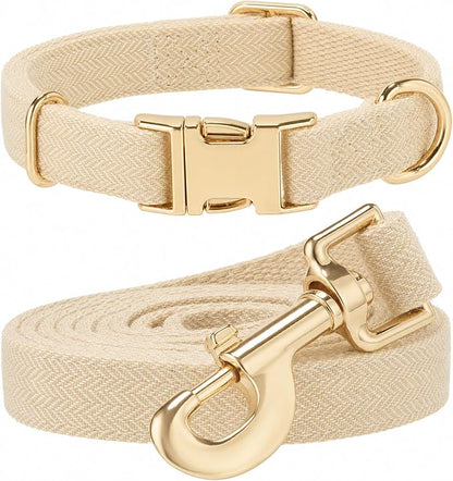 Herringbone Tweed Dog Collar and Leash Set for Medium Dogs,Light Beige | Snag-free, no-rub design. Soft breathable cotton, gentle on fur. Adjustable durable matching combo for walks & outdoors.