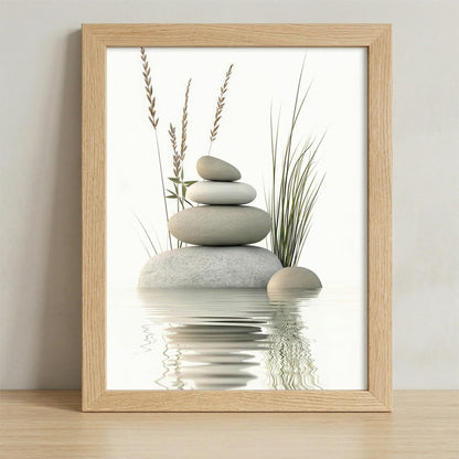 Calming Zen Stone Framed Wall Art - Serene Rock Balance with Water Reflection and Reeds, Natural Wood Frame Perfect for Bathroom, Spa, Living Roomor Meditation Decor 8''x10 Inch