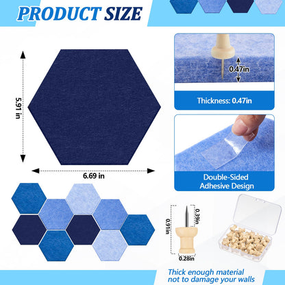 Mindsoft 16 Pcs Hexagon Cork Board for Walls with 50 Wooden Push Pins 6.7 x 5.9 in Felt DIY Tiles Notice with Nano Tape Hanging Bulletin Board for Home Photo Office Memo Note(Ocean)