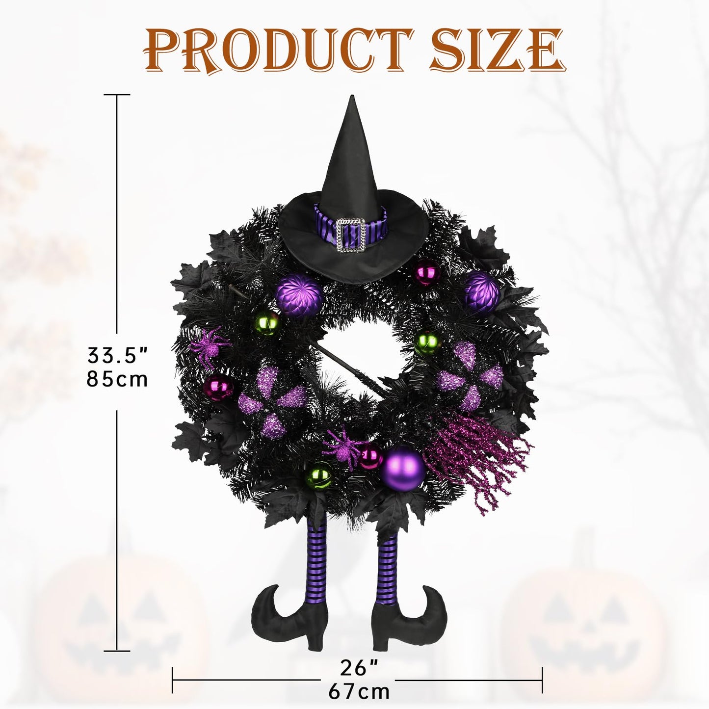 Halloween Wreath for Front Door 26" Tinsel Black Witch Wreath with Hat Legs and Purple Pumpkin for Fall Autumn Indoor Window Door Thanksgiving Halloween Decorations
