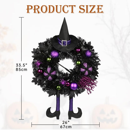 Halloween Wreath for Front Door 26" Tinsel Black Witch Wreath with Hat Legs and Purple Pumpkin for Fall Autumn Indoor Window Door Thanksgiving Halloween Decorations