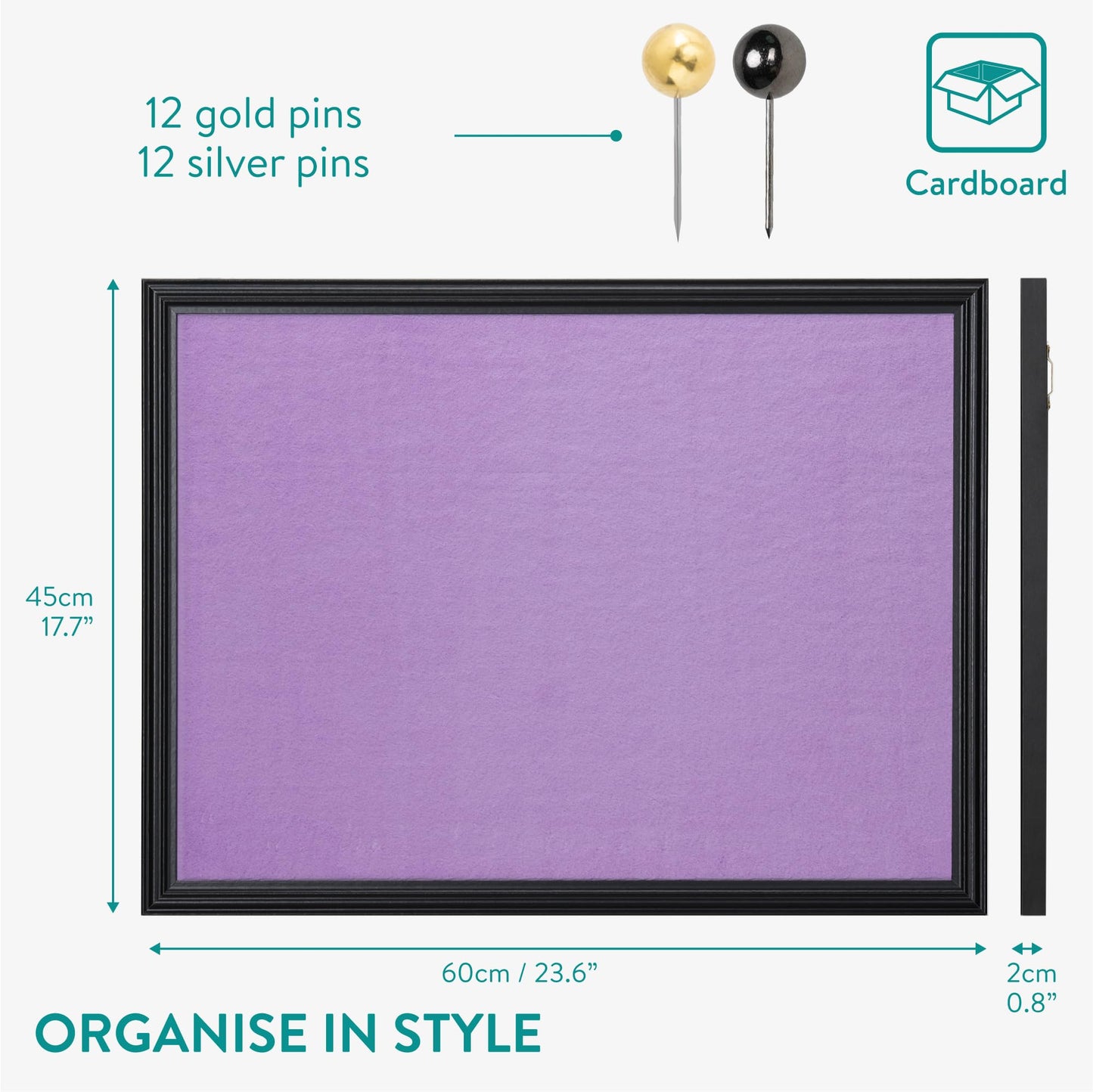 Navaris Framed Fabric Bulletin Board - 18 x 24 inches Plush Jewelry Organizer Pinboard for Wall - Memory Memo Pin Board - Purple with Black Frame