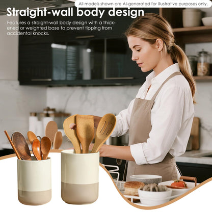 CLAYORA Ceramic Utensil Holder Set, 6.3''+5.3'' Cooking Utensil Crocks for Kitchen Counter, Modern Design Cooking Tool Organizer Set of 2, 800ml+1300ml Ideal for Spatula, Cutlery, Makeup, Flower Vase