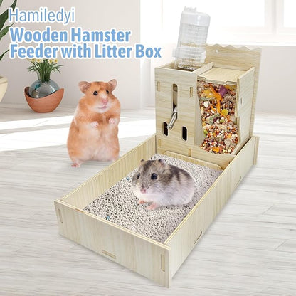 Hamiledyi 3 in 1 Wooden Hamster Feeder Dispenser Hanging Dwarf Hamster Food Bowl & Water Bottle with Removable Litter Box Small Animal Feeder for Hamsters Mouse Gerbil (11" x 5.7" x 7.5")