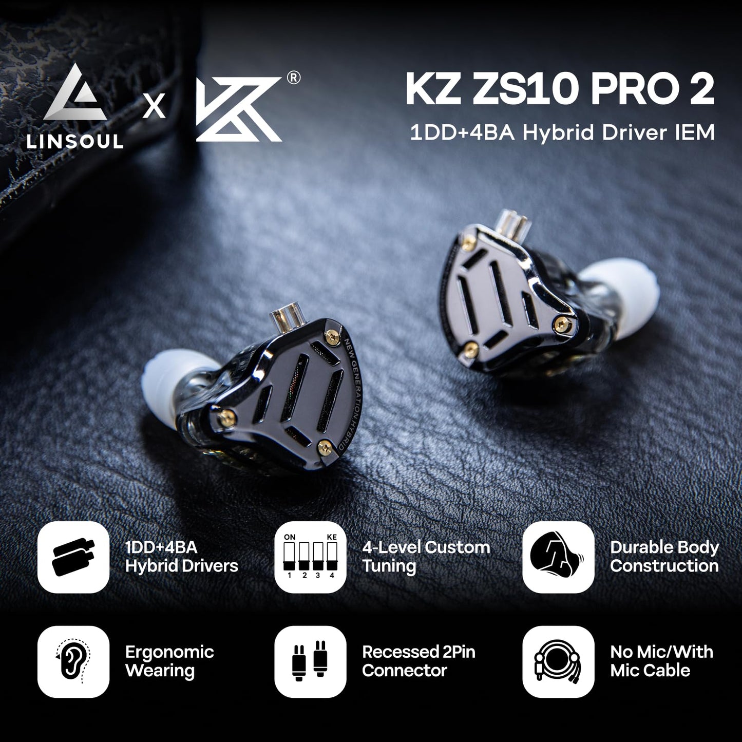 Linsoul KZ ZS10 PRO 2 in Ear Monitor IEM, 1DD+4BA Hybrid Wired Earbuds, with 4-Level Tuning Switch, 3-Way Crossover Gaming Earbuds, Silver-Plated IEM Cable for Musician Audiophile (Black, with Mic)