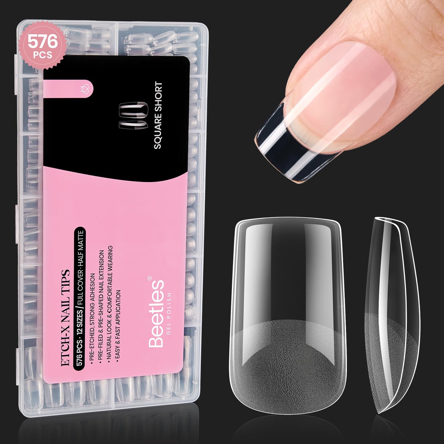 Beetles Gel Nail Kit Short Almond with Nail Dehydrator and Primer, 576Pcs Half Matte Etch-X Gel Nail Tips Solid Nail Glue Mini Nail Lamp Acrylic Nail Tips Easy DIY Nail Extension Set Gift for Women