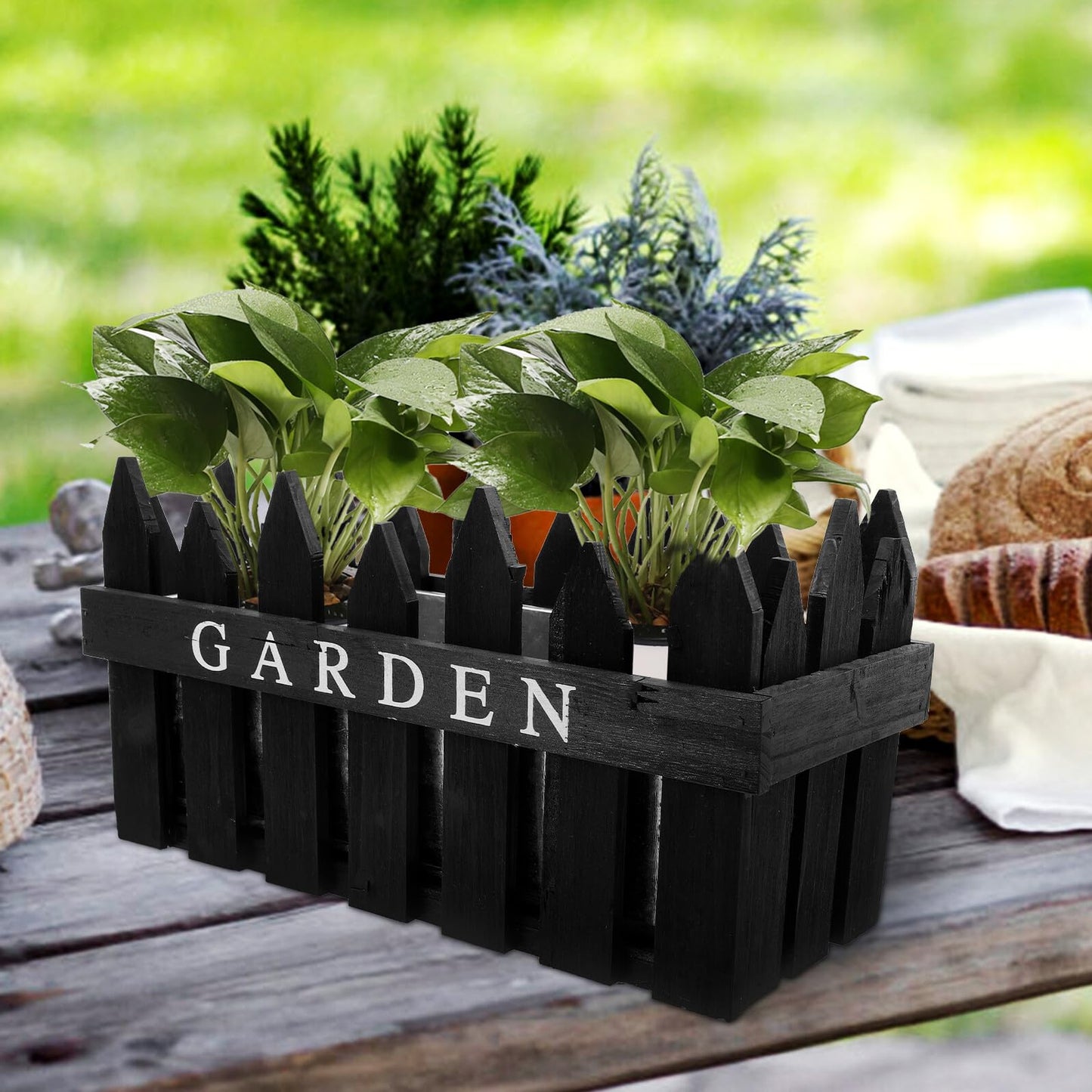 Hemoton Rectangular Wooden Planter Box Flower Arrangement Container Creative Fence Flowerpot for Indoor Outdoor Home Decor Black Patio Garden