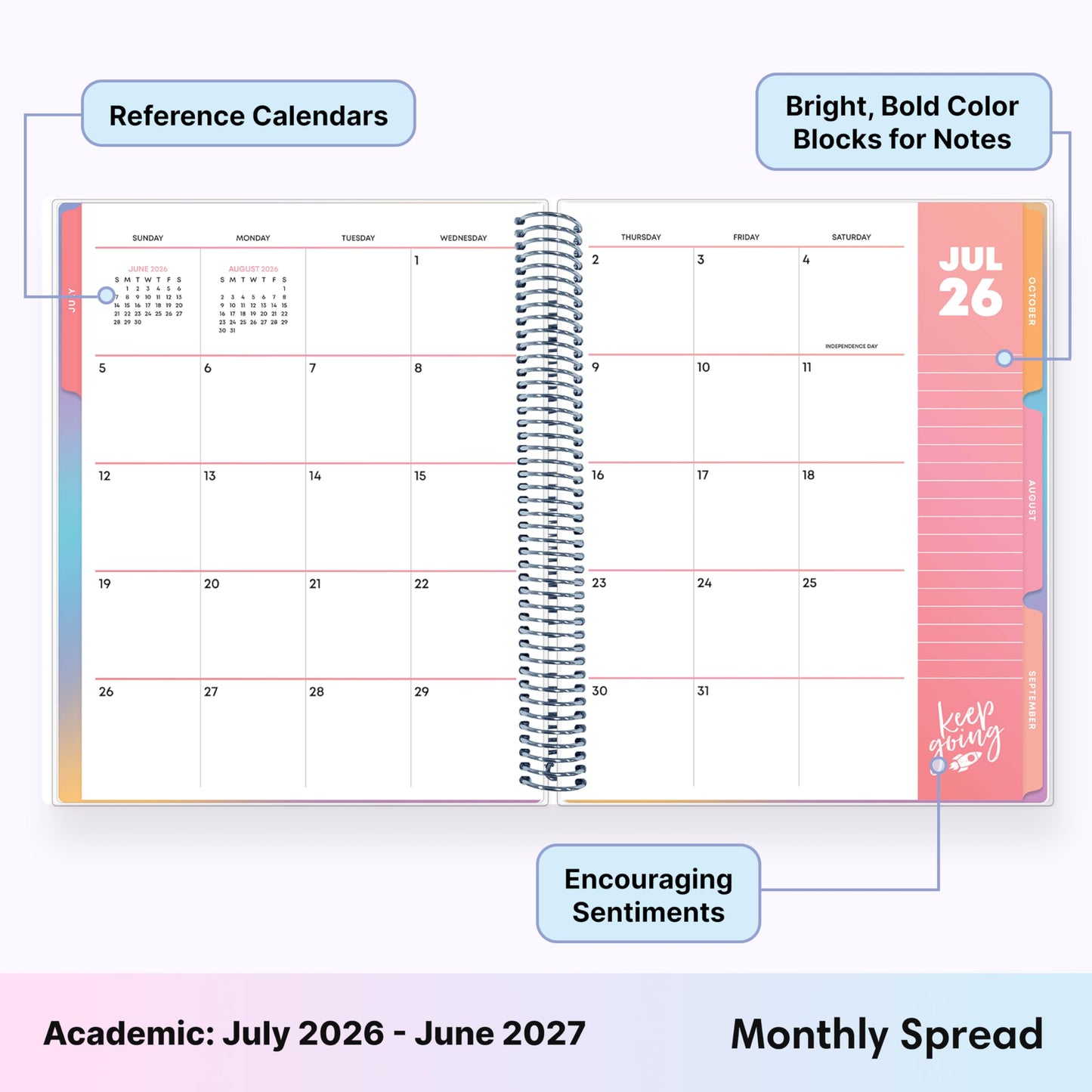 Blue Sky Teachwell 2026-2027 Weekly and Monthly Academic Year Teacher Lesson Planner Calendar, July 2026 - June 2027, 8.5" x 11", Flexible Cover, Heavy Duty Coil Binding, Colorful Interior, Laminated Tabs, Storage Pocket, Includes Stickers, Mikki