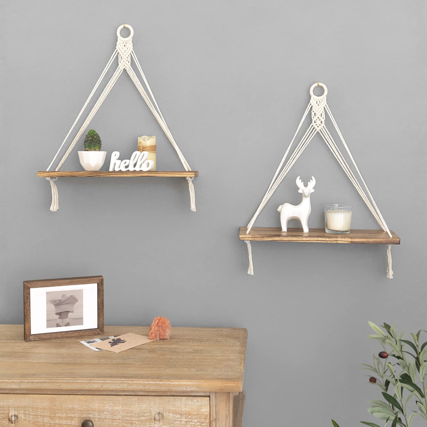 Mkono Macrame Hanging Shelves Boho Wall Decor Set of 2 and Bedside Shelf Organizer with Hooks