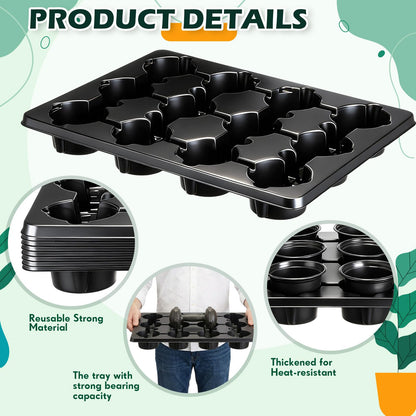Baderke 96 Pcs 4 inch Seedling Pots and 8 Pcs 12 Cell Reusable Plastic Nursery Pots Trays Thick Sturdy Seeds Starting Germination Carrying Trays Black Small Planter Nursery Propagation 8 Sets(Black)