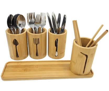 AYAMAX Bamboo Cutlery Holder Set - 4 kitchen Utensils Holder with Bamboo Tray | Decorative kitchen countertop Cutlery Stand | Utensil holder - knife, fork Spoon and Straw holders