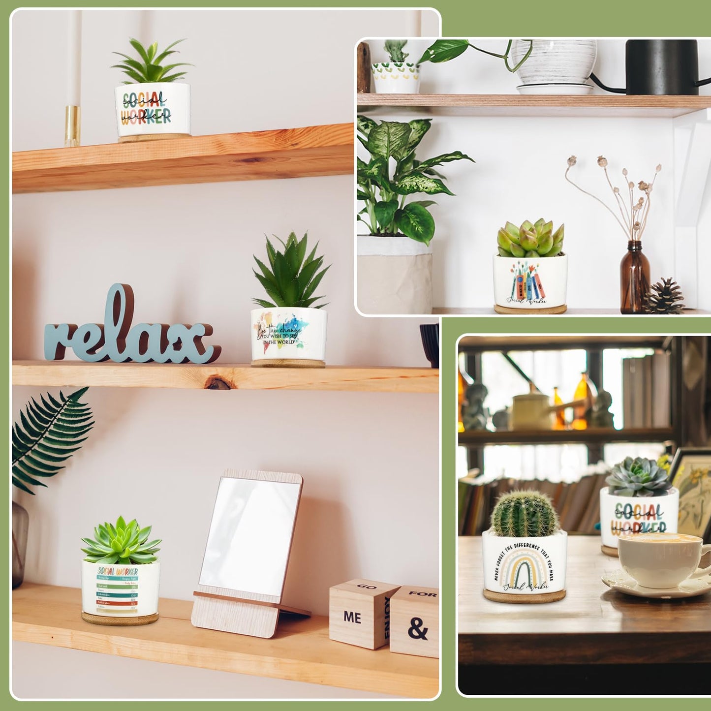 Sieral Thank You Employee Appreciation Gift Succulent Pots,Graduation Gift for Teacher, Ceramic Plant Pot with Bamboo Tray Succulent Planter for Coworker Mentor, Plants Excluded(12 Pcs,Social Worker)