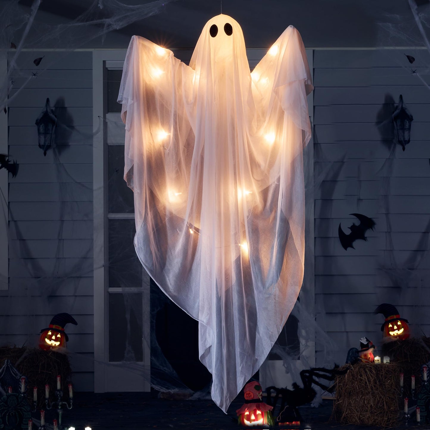 JOYIN Halloween Hanging Light up Ghost with Spooky Warm White LED Light, 47” Halloween Hanging White Ghost Decoration for Front Yard Patio Lawn Garden Party Decor Indoor Outdoor