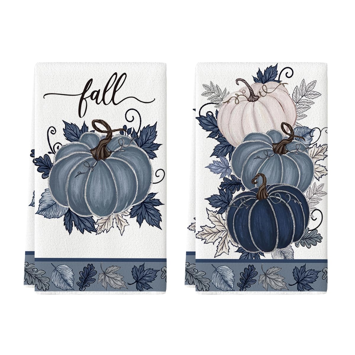 Artoid Mode Blue Leaves Pumpkin Fall Kitchen Towels Dish Towels, 18x26 Inch Farmhouse Autumn Decoration Hand Towels Set of 2