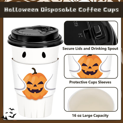 Whaline 60 Set Halloween Disposable Coffee Cups with Lids and Bat Candy Cone Pumpkin Sleeves 16 Oz Ghost Paper To Go Cups for Trick or Treat Party Supplies