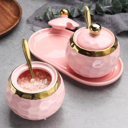 Sailench 10oz Ceramic Sugar Bowl, Golf Design Porcelain Salt Bowl Salt Container Sugar Bowl with Lid and Spoon for Home and Kitchen Coffee Bar (Pink (2pcs))