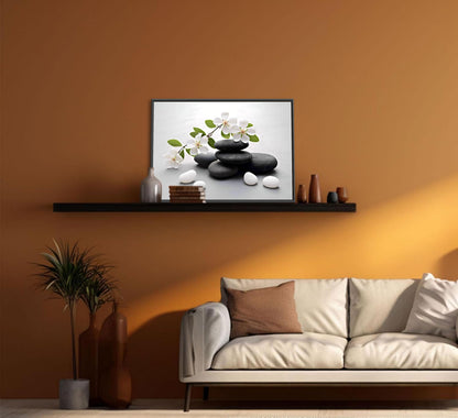 Framed Zen Stone Flower Canvas Wall Art Orchid Flower Black White Zen Stone Picture Wall Decor Still Life Poster Print Artwork for Bathroom Yoga Room Spa Room Meditation Room Office Home Decoration