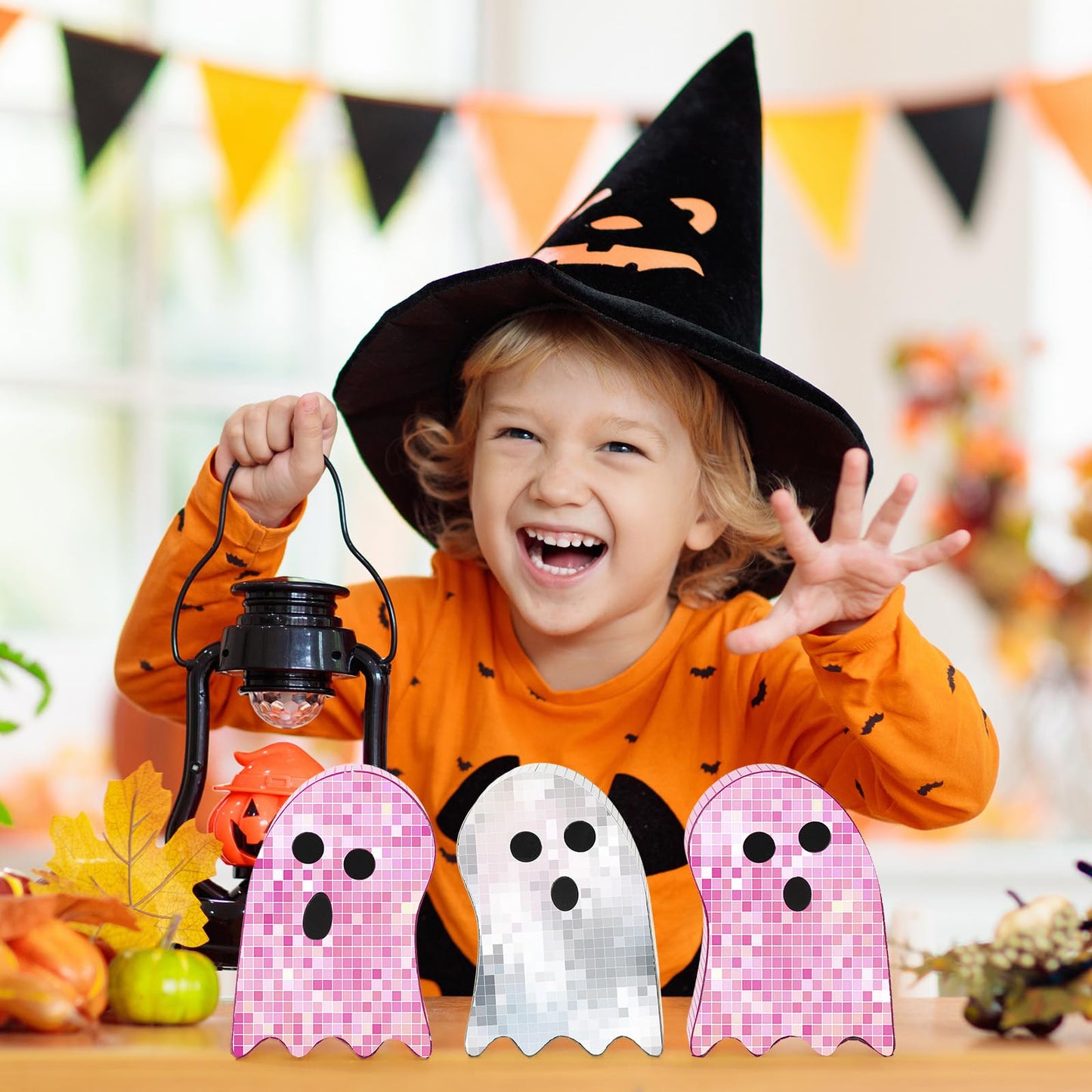 FYSUIMU 3Pcs Halloween Disco Ghost Decor 6 Inch Pink Silver Ghost Disco Ball Table Centerpieces Mosaic Horror Tiered Tray Decoration for Home Party Favors Supplies