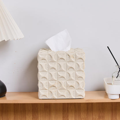 Natural Travertine Textures Tissue Box Cover Square for Home Decor, Relief Sculptured Geometric Cube Resin Heavy Tissue Box Holder for Bathroom Countertop, Tabletop, Night Stand, Office Desk (Beige)