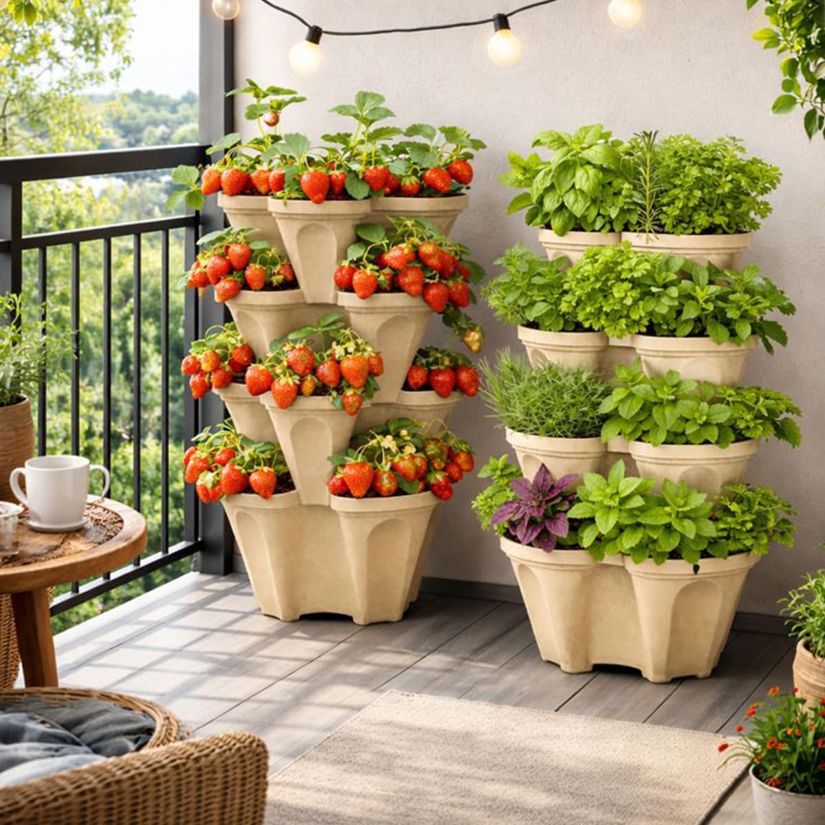 smart spring Large Vertical Planter Tower, 4 Tier Stackable Garden Planter, 28 Plant Sites, Heavy Duty Strawberry Planter, Vertical Growing System with Center Hole, Made in USA (Desert Sand)