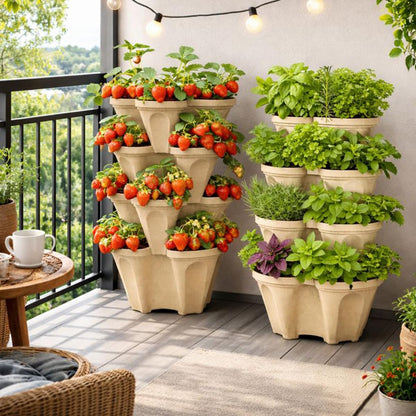 Stackable Vertical Planter Tower, 4 Tier Strawberry Planter,16 Plant Sites, Space Saving Garden Planter for Vegetables & Herbs, Indoor Outdoor, Made in USA (Desert Sand)