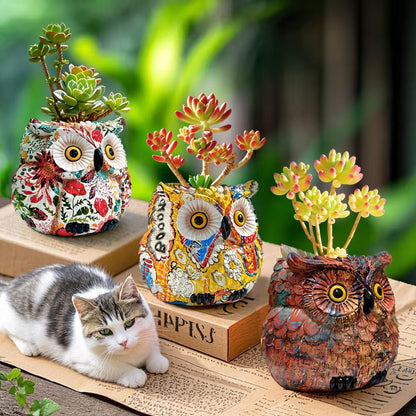 Owl Planter, Owl Plant Pot, Bird Figurine Flower Pots with Drainage for Succulent Cactus Small Herbs, Unique Makeup Brush Holder, Farmhouse Animal Statue for Home Office Decor, Garden Gifts for Women