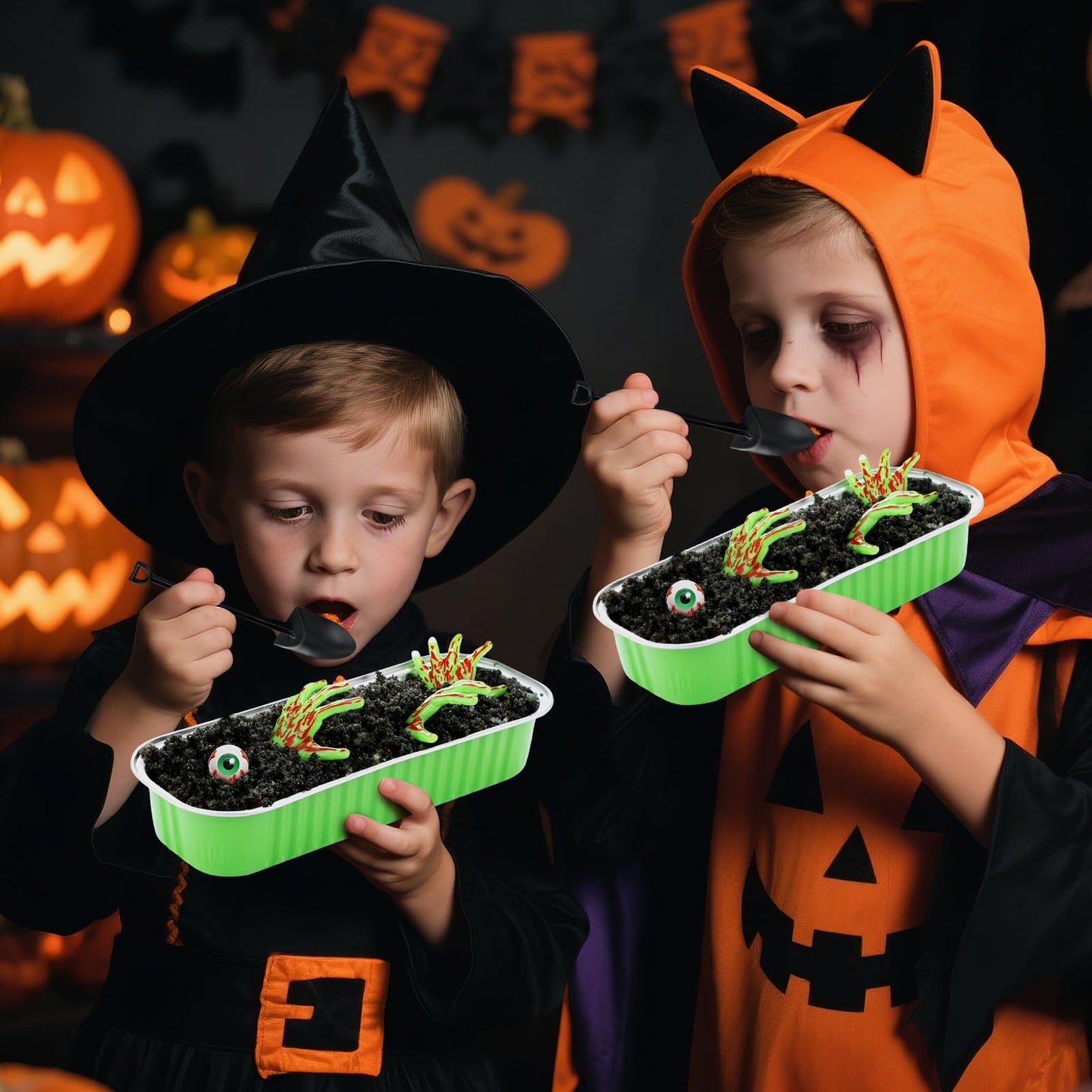 SiliFine 24 Set Halloween Zombie Hands Decor Green Skeleton Hands Cake Toppers Halloween Baking Pans with Lids Shovel Spoons Horror Spooky Decoration for Zombie Birthday Party(Green)