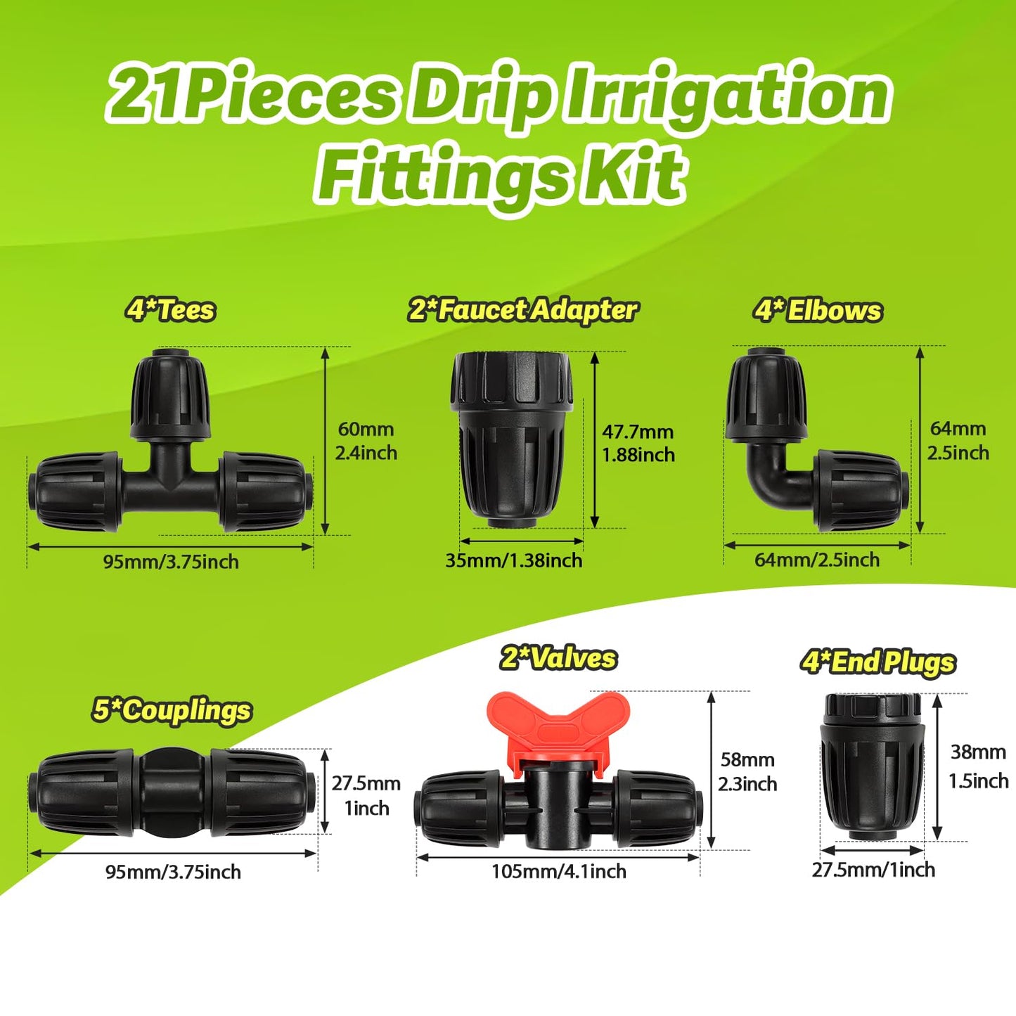 Copadri 21 Pieces 1/2 Inch Drip Irrigation Fittings Kit, 1/2'' Drip Line Barbed Fittings for 1/2 Inch Irrigation Tubing (1/2" ID x 0.650" OD) Anti-Leak Lock Nut Connectors for Garden Drip System