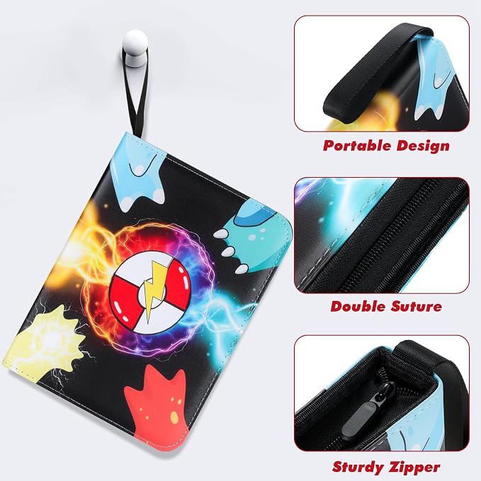 Trading Card Binder, 4 Pocket 400 Cards Holder with 50 Removable Sleeves Display Storage Collector Album Compatible with Pokemon Cards Football Cards TCG Game Sports Cards, Black