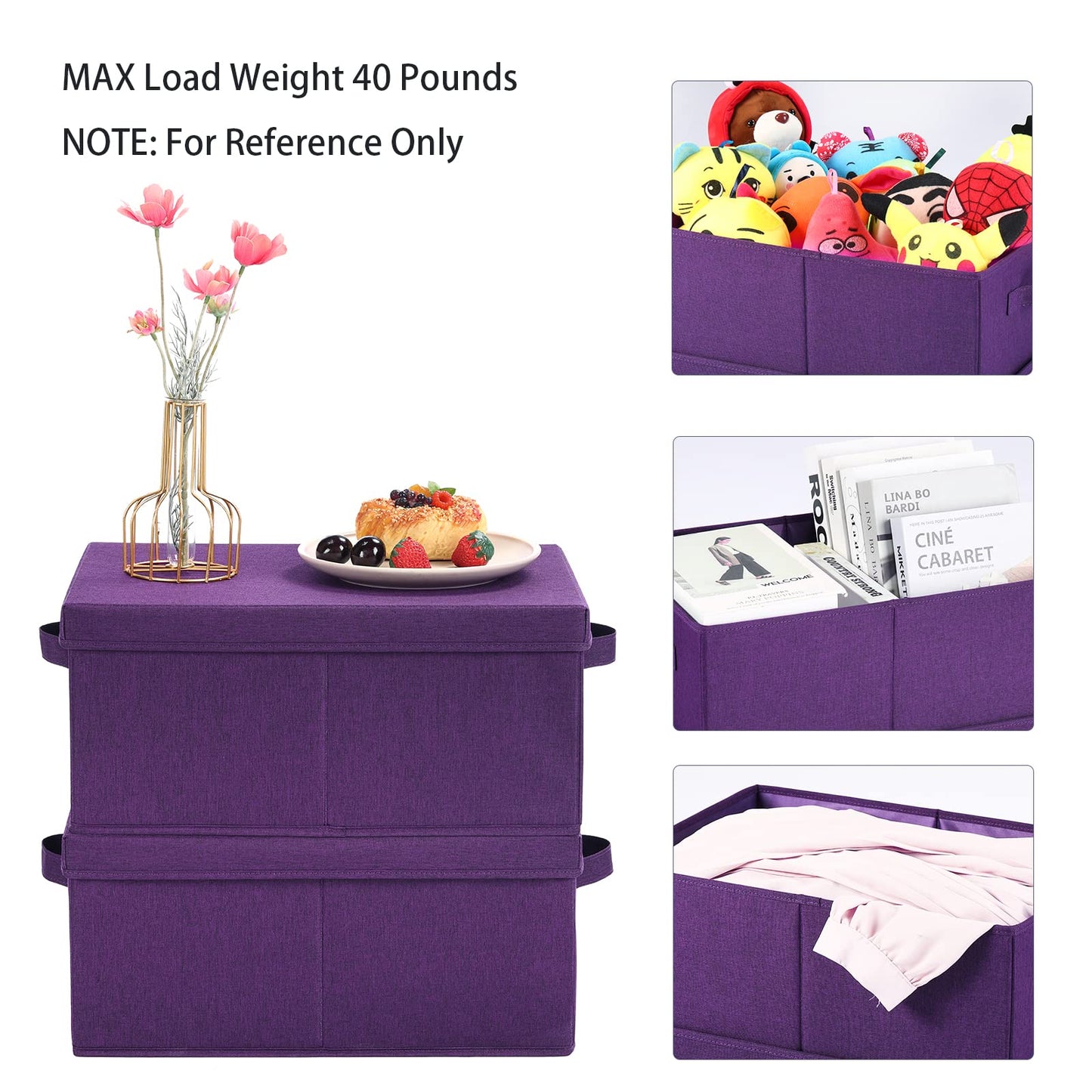 HOONEX Storage Bins with Lids for Organizing, Pack of 2, Storage Boxes with 2 Carry Handles and Sturdy Heavy Cardboard, 16.5" L x 11.8" W x 7.5" H for Shoes, Books, Clothes, Nursery, Dark Purple