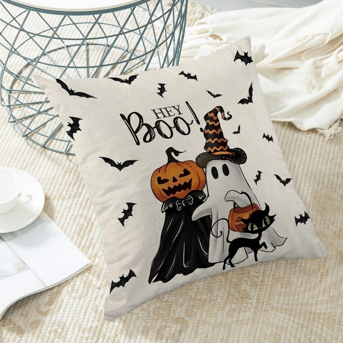 Halloween Pillow Covers 18 x 18 Inch Set of 2 Hey Boo Ghost Spooky Jack-O'-Lantern Pumpkin Throw Pillows Outdoor Decorative Black Cat Bats Pillowcases Linen Cushion Cases for Home Bed Sofa Couch