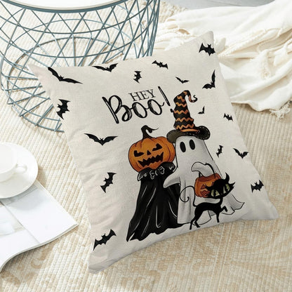 Halloween Pillow Covers 18 x 18 Inch Set of 2 Hey Boo Ghost Spooky Jack-O'-Lantern Pumpkin Throw Pillows Outdoor Decorative Black Cat Bats Pillowcases Linen Cushion Cases for Home Bed Sofa Couch