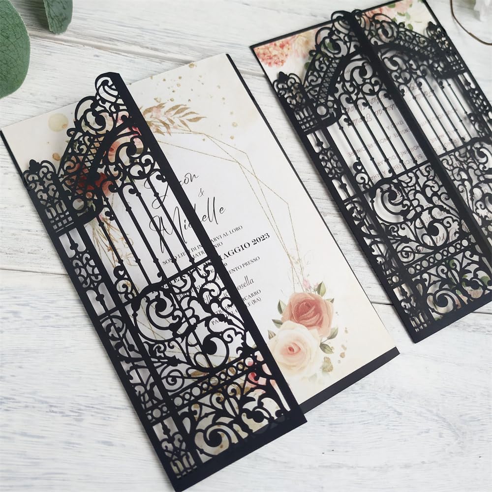 MillaSaw Black Gate Invitation Laser Cut Card For Wedding Engagement Mermaid Birthday Party 25 Sets (black, 4.9"x7.1")