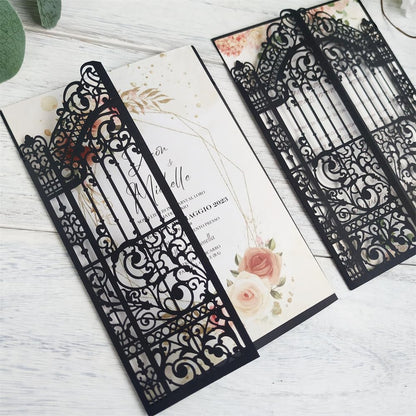 MillaSaw Black Gate Invitation Laser Cut Card For Wedding Engagement Mermaid Birthday Party 25 Sets (black, 4.9"x7.1")