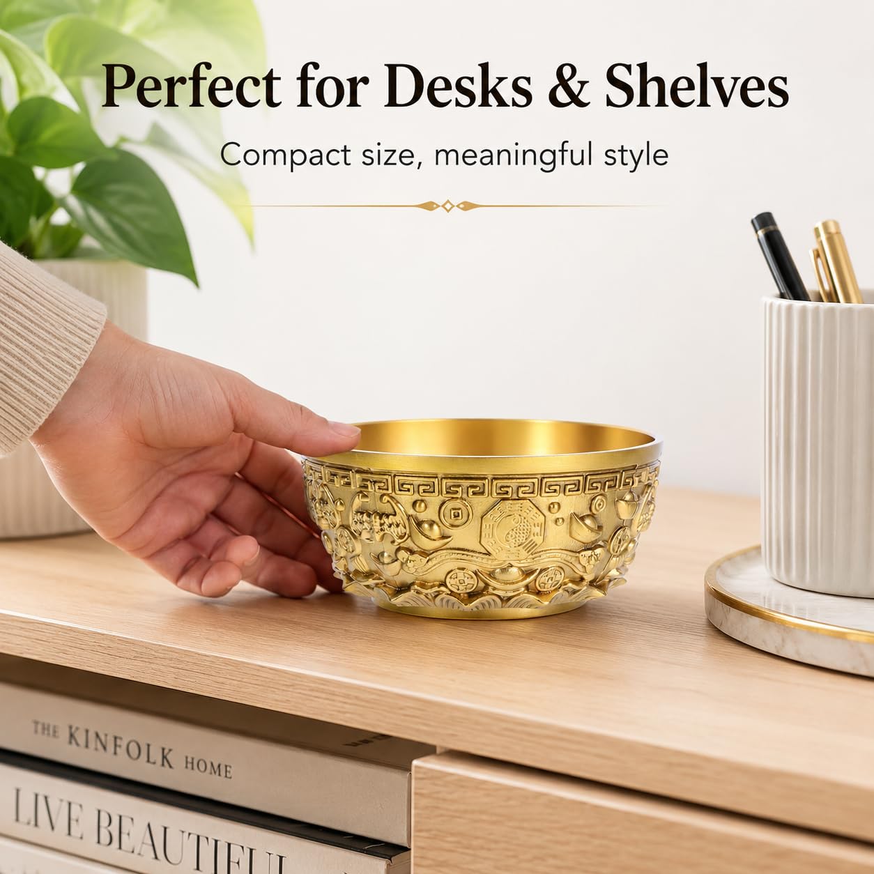DECHOUS Brass Treasure Bowl 4 Inch Feng Shui Wealth Money Basin Decorative Chinese Style Golden Home Office Centerpiece