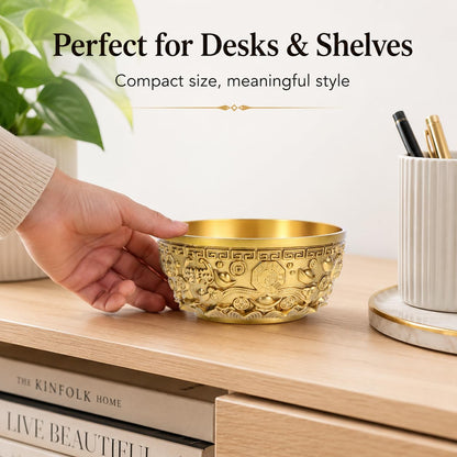 DECHOUS Brass Treasure Bowl 4 Inch Feng Shui Wealth Money Basin Decorative Chinese Style Golden Home Office Centerpiece