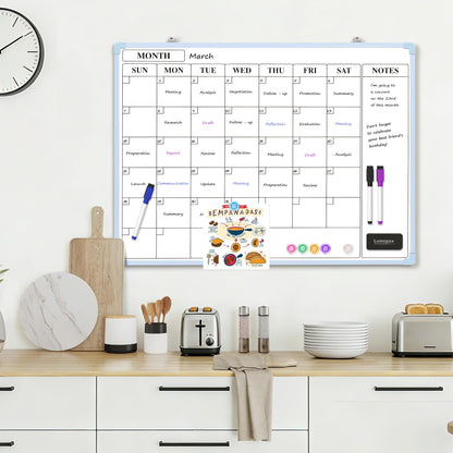 Lumspax Monthly Whiteboard Calendar for Wall, 24" x 18" Dry Erase Board with Plastic Frame, Hanging Dry Erase Calendar with 3 Mini Sticky Notes for Kitchen Planner, Memo, Home and Office, Blue