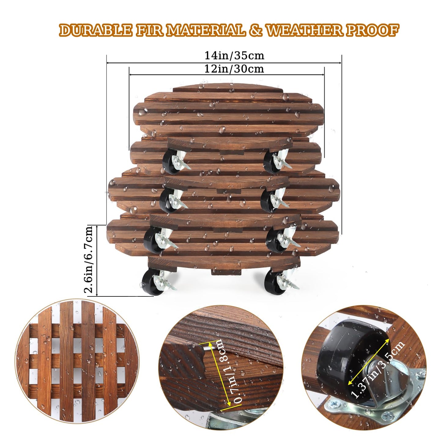 4 Pack Plant Caddy with 5 Wheels, Wood Rolling Plant Stand 220 LB Heavy Duty, Plant Dolly with Metal 360° Lockable Caster Wheels for Outdoor Indoor Large Plant Pots, Flower Pot, Patio (14"+14"+12"+12")