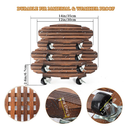 4 Pack Plant Caddy with 5 Wheels, Wood Rolling Plant Stand 220 LB Heavy Duty, Plant Dolly with Metal 360° Lockable Caster Wheels for Outdoor Indoor Large Plant Pots, Flower Pot, Patio (14"+14"+12"+12")
