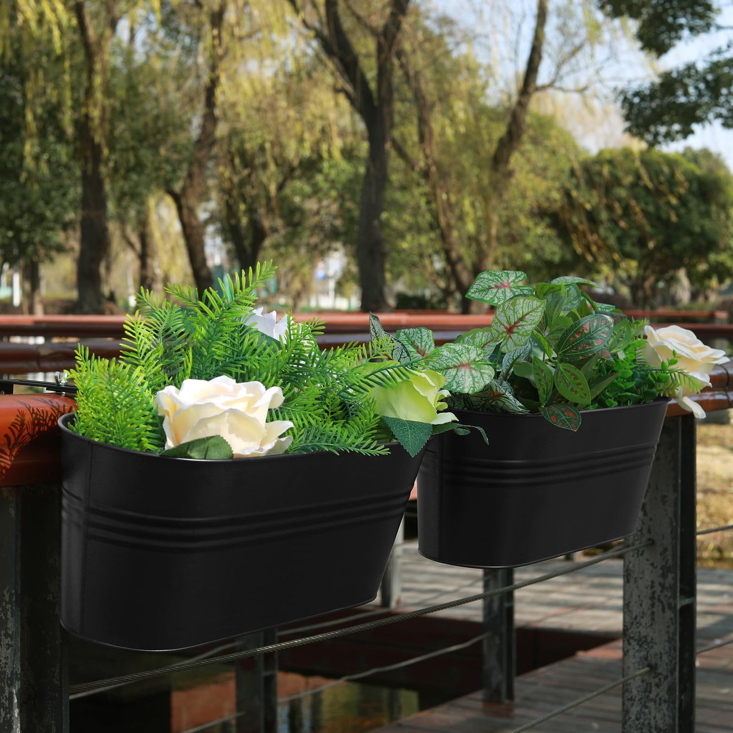 Holensun Railing Planter Box 16 Inch Metal Balcony Planters with Adjustable Brackets and Drainage Window Balcony Fence Deck Hanging Flower Pots for Outdoor Plants Apartment Patio Decor Black(4PCS)