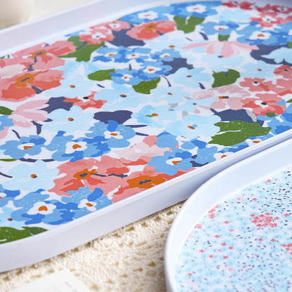 17 Inch Melamine Serving Trays Set of 2, Large Oval Platters, Unbreakable & Dishwasher Safe Lipped Trays for Indoor/Outdoor Use, Modern Art Decorative Dinner Set (2 Piece with Different Designs)
