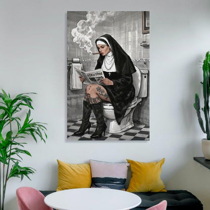 JHXNJDPOST Nun Smoking in Bathroom with Newspaper Poster Black And White Canvas Wall Art Aesthetic Decorative Painting Living Room Restaurants, Pool Halls And Hotelsstyle-6 12x18inch(30x45cm)