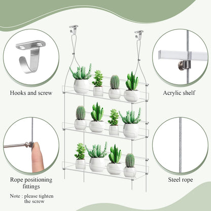 Ziliny 2 Pcs 16 Inch 3 Tier Clear Hanging Window Plant Shelves Acrylic Shelves Hanging Plant Stand Window Hanger Flower Pot Organizer Storage for Indoor Wall Garden Grow Herb