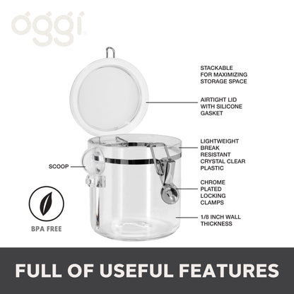 OGGI Clear Canister Airtight 38oz - Clamp Lid & Spoon - Airtight Food Storage Containers, Ideal for Kitchen & Pantry Storage of Bulk, Dry Food Including Flour, Sugar, Coffee, Rice, Tea, Spices & Herbs